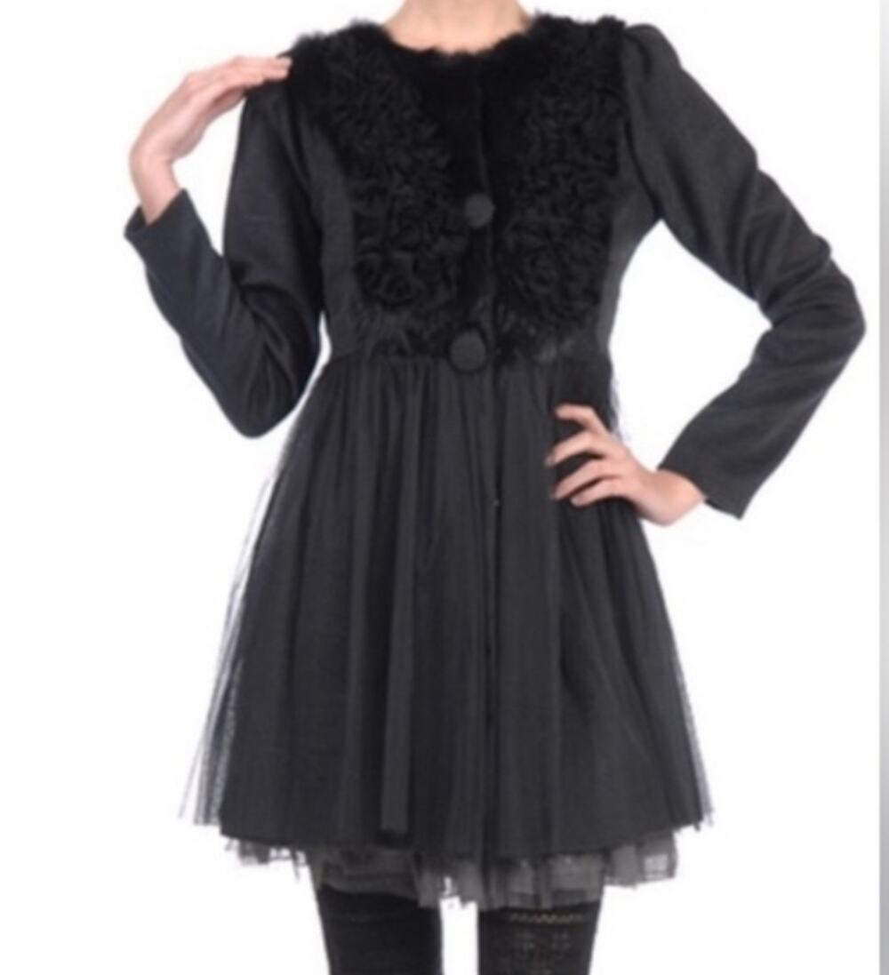Anthropologie Ryu Gray Rabbit Fur Rosette Sheer Tulle Skirt Coat L Whimsygoth
